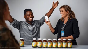 Um homem jovem negro está em pé de braços ao alto e alegre de ter ganhado um sorteio. Uma mulher alemã está mostrando frascos de capsulas de Melão de São Caetano.