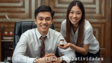 Uma mulher japonesa está mostrando um frasco de capsulas de remédio para um homem jovem.